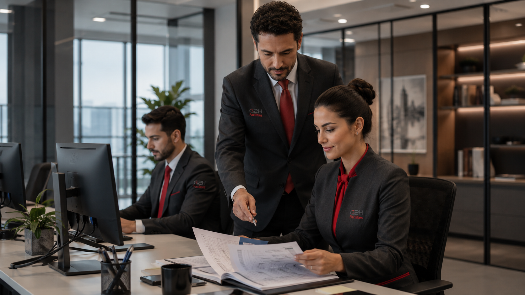Equipe C2H Facilities em reunião de gestão em escritório corporativo