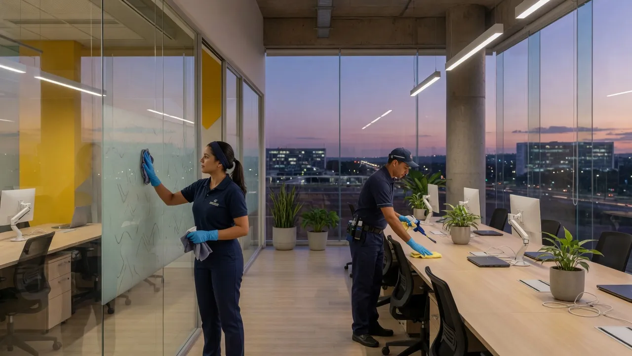Equipe de limpeza profissional em escritório corporativo moderno