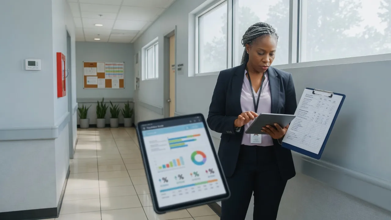Gestor analisando indicadores de qualidade e checklist de facilities em tablet