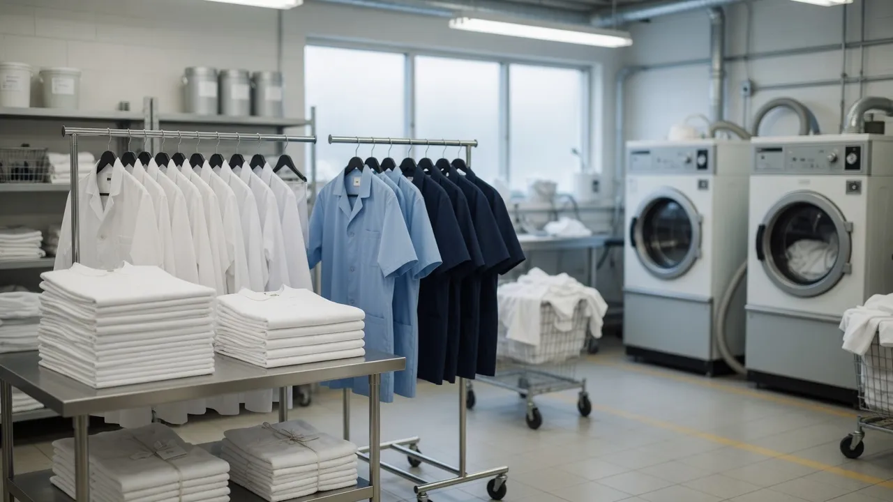 Enxovais e uniformes organizados em lavanderia profissional