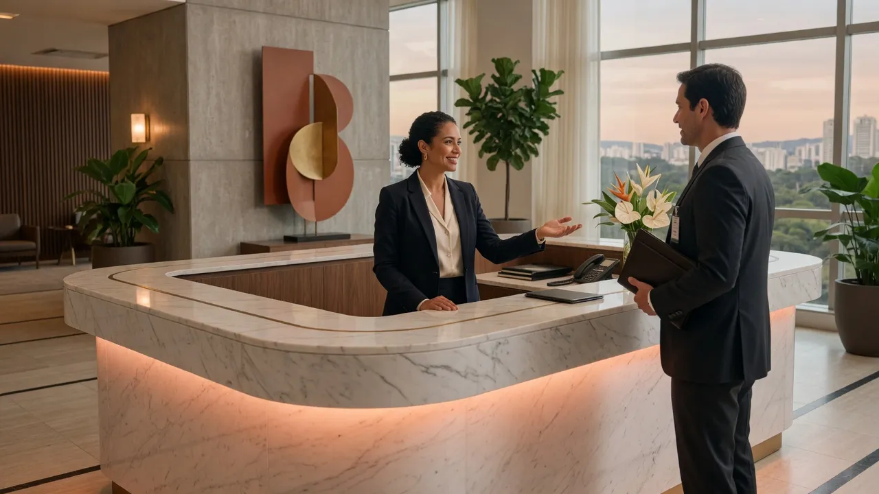 Recepcionista atendendo visitante em balcão corporativo moderno