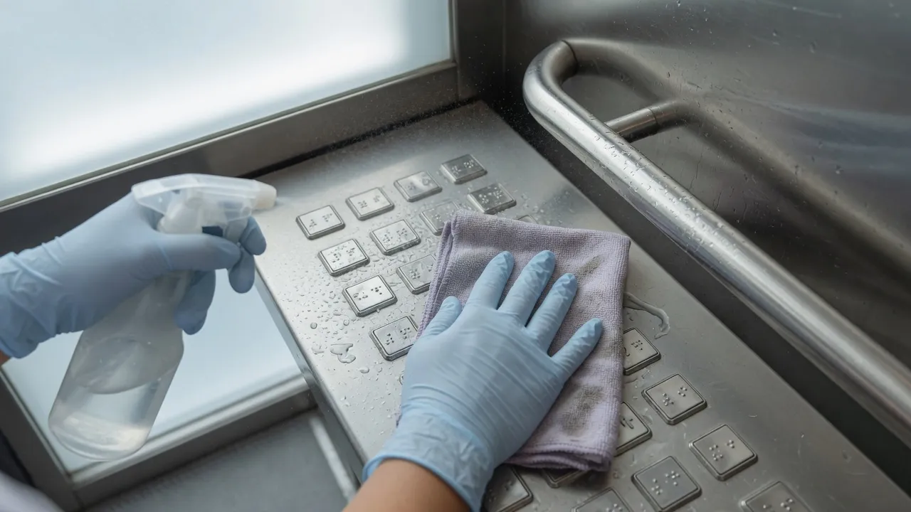 Profissional sanitizando botões e corrimãos de elevador em ambiente corporativo