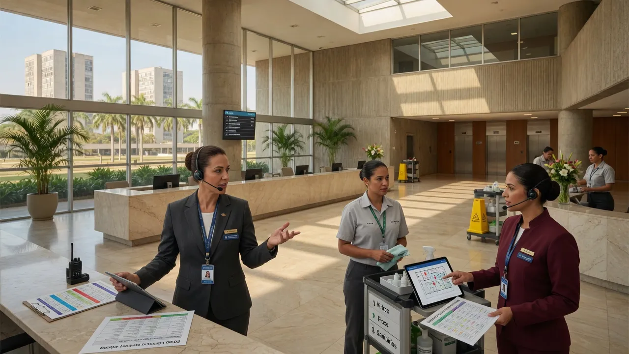 Gestor de facilities coordenando equipes de limpeza e recepção em lobby corporativo